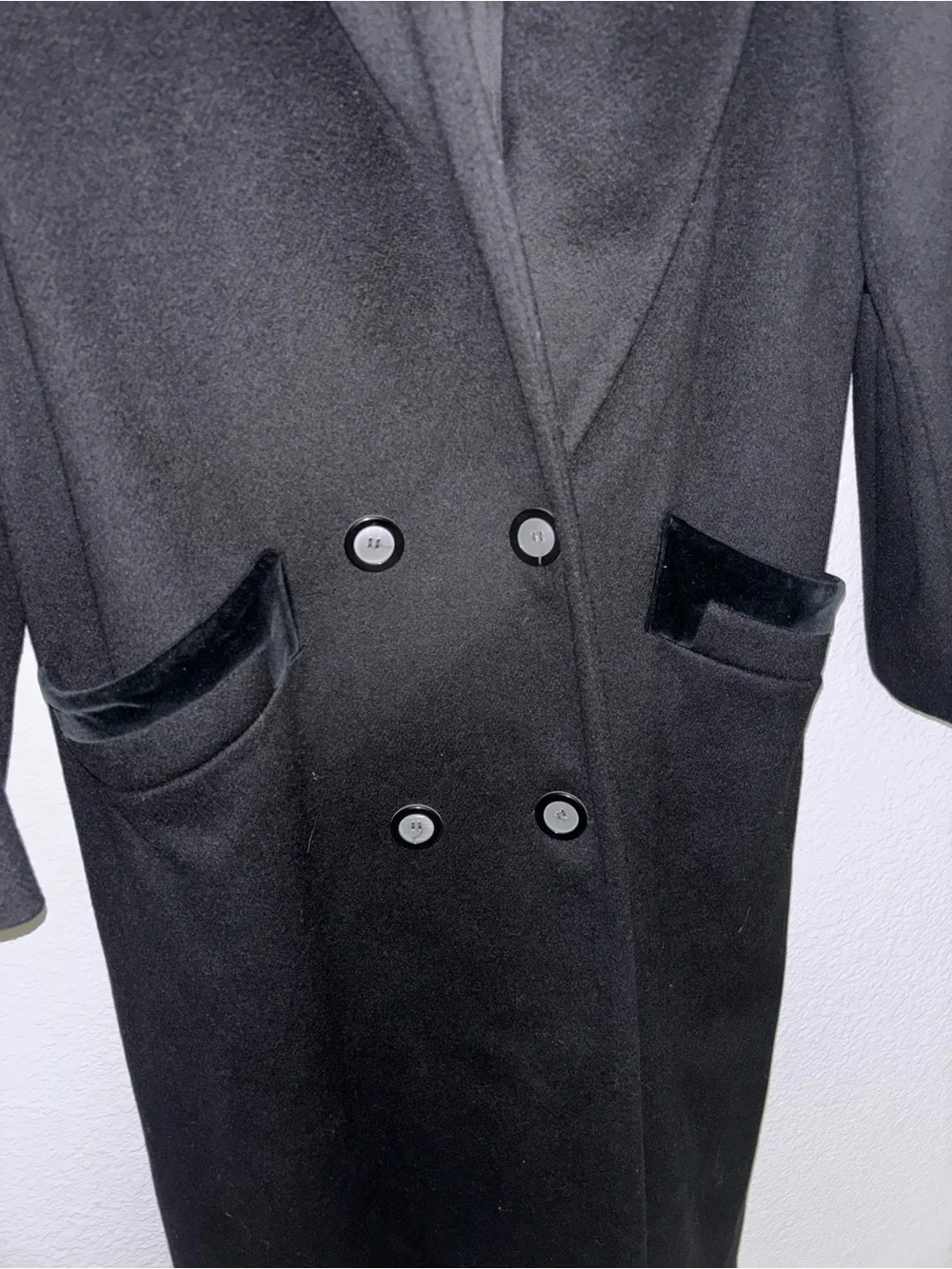 Cathy Jo Vintage Black Wool Coat Velvet Collar Double Breasted Longline USA M - Picture 4 of 8